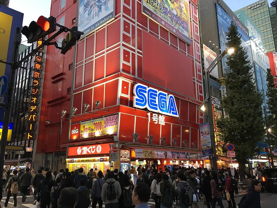 Club Sega arcade Akihabara exterior at night