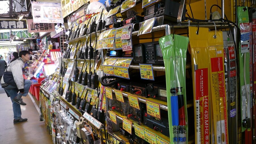 Amateur radio transceivers and cables at Yamamoto Musen in Akihabara Radio Center
