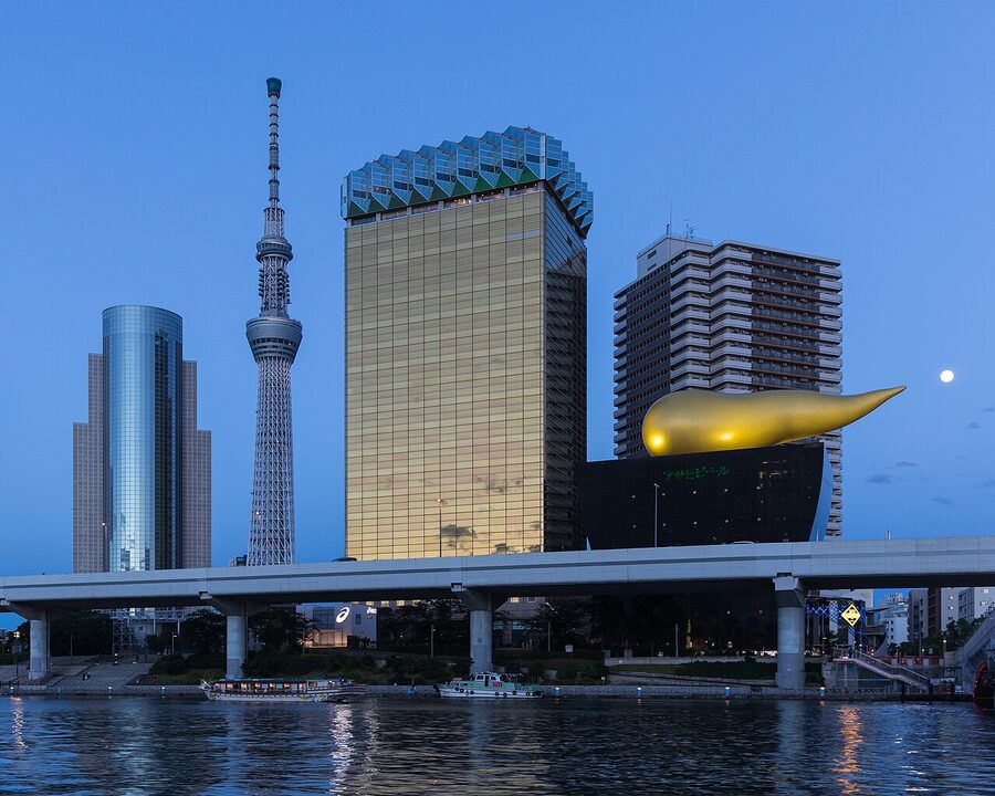 Asahi Flame on Asahi Beer Hall with Tokyo Skytree across the Sumida River
