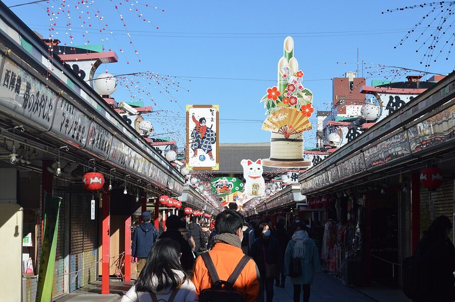 Nakamise shopping street in Asakusa crowded with shoppers