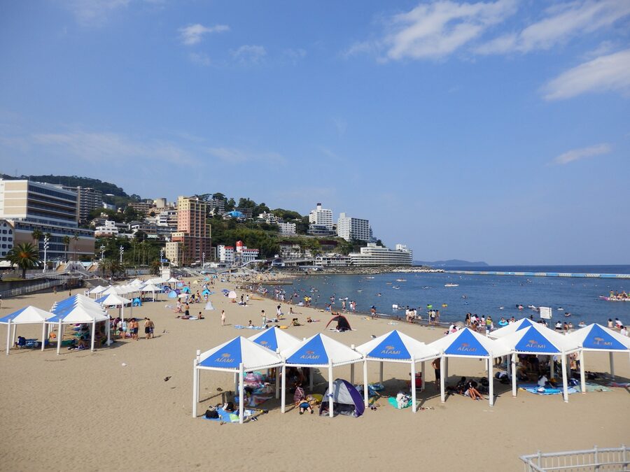 Palm-lined Atami Sun Beach in summer