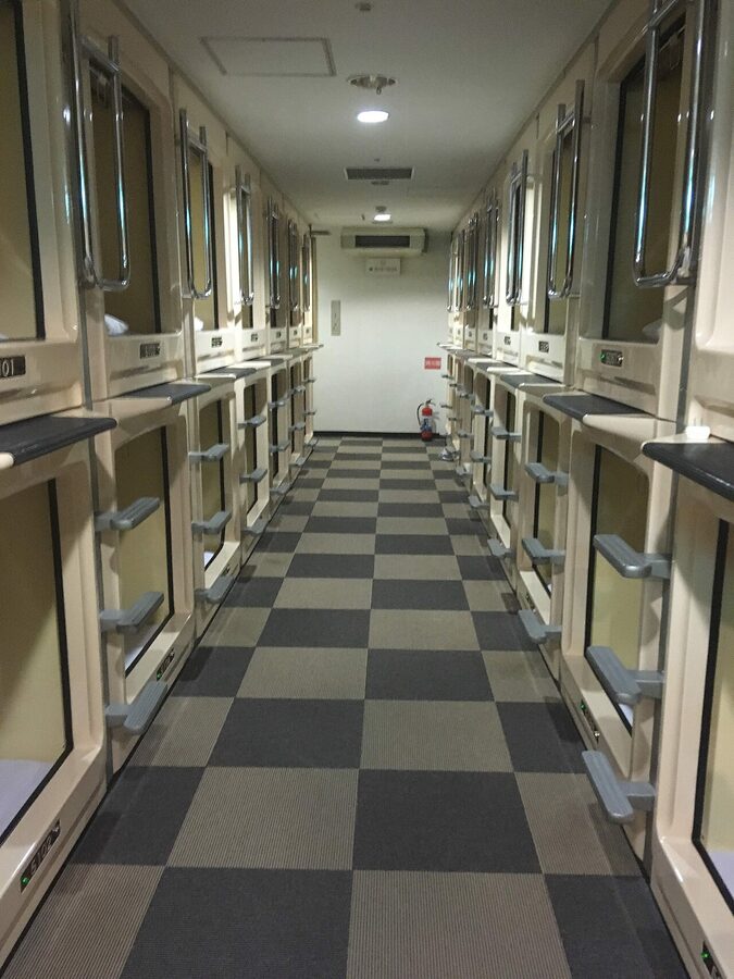 Capsule hotel interior in Ueno, Tokyo