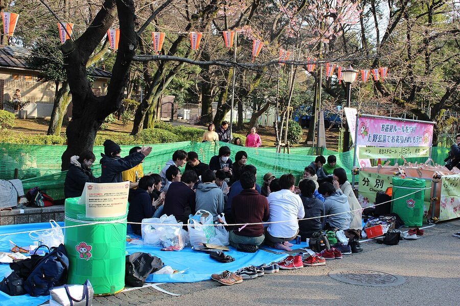 Hanami picnic crowds under cherry blossoms at Ueno Park Tokyo