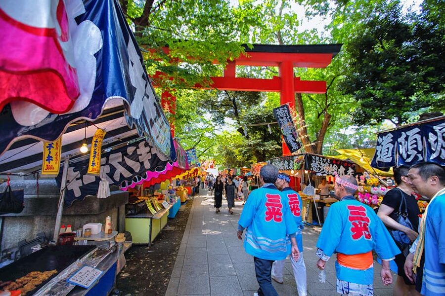 Japanese street festival in Tokyo with colourful food stalls