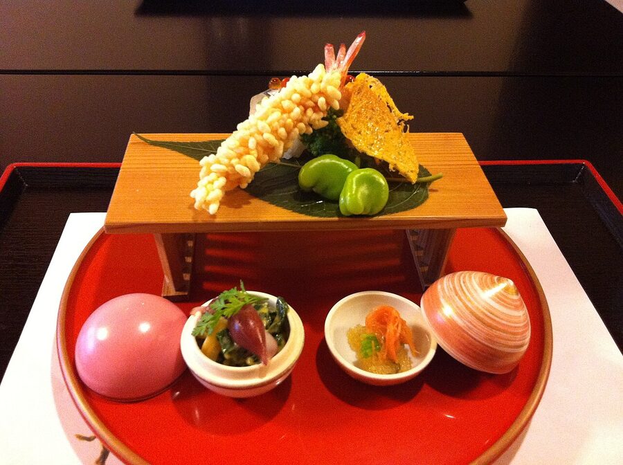 Kaiseki multi-course meal being served in Kyoto