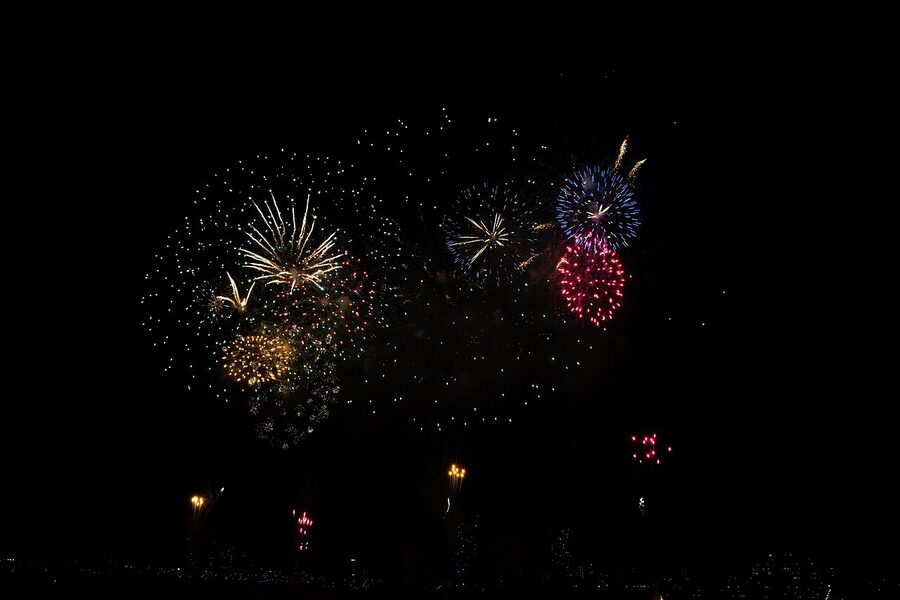Multiple fireworks bursts during Edogawa Festival opening