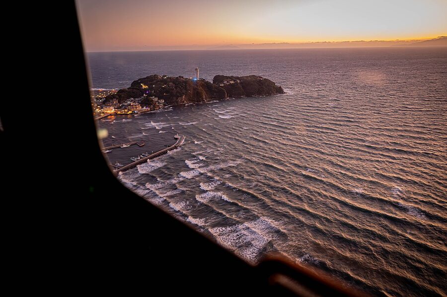 Enoshima island aerial view from helicopter
