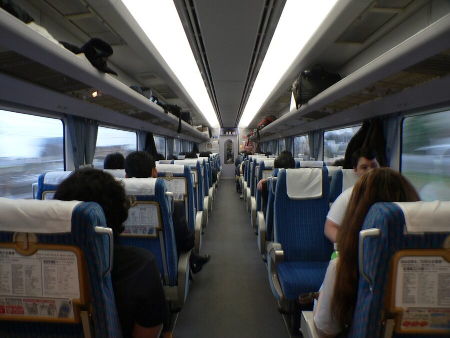 Interior of the Keisei Skyliner carriage with blue seating