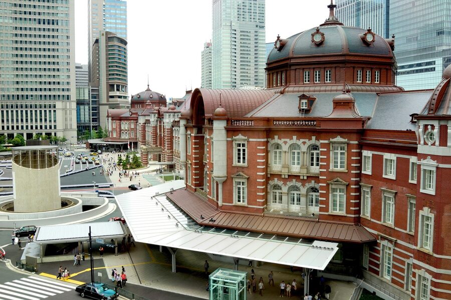 Tokyo Station Marunouchi red brick facade at dusk