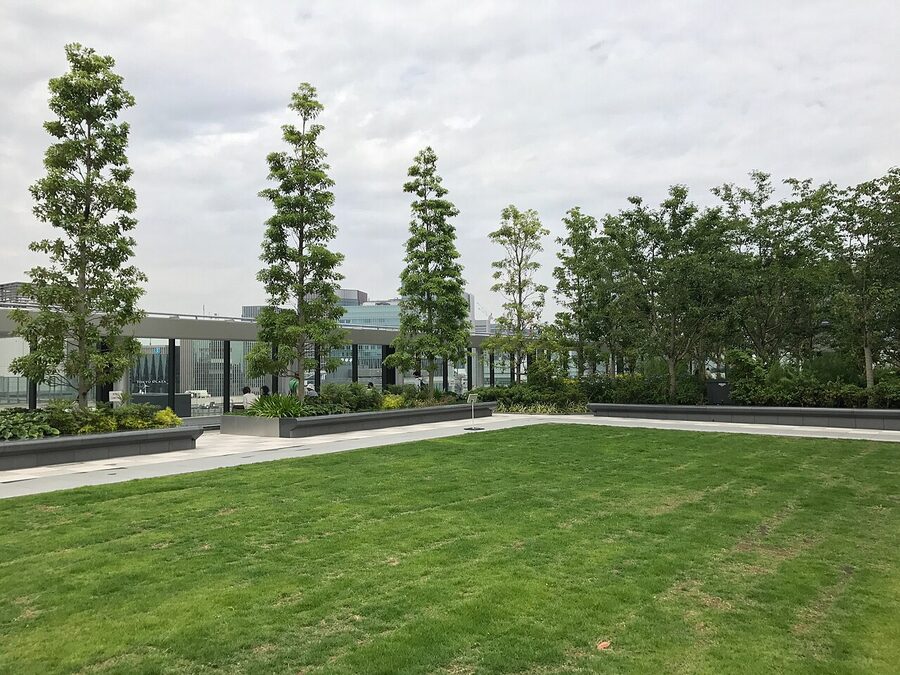 Ginza Six rooftop garden with trees and benches