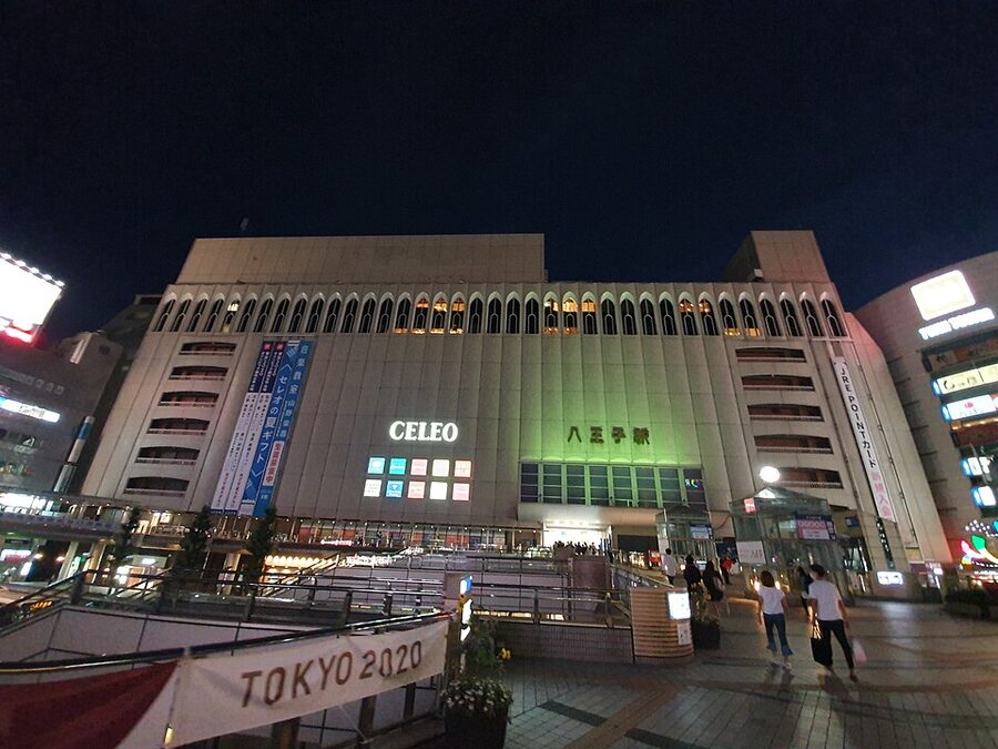 JR Hachioji Station exterior at dusk