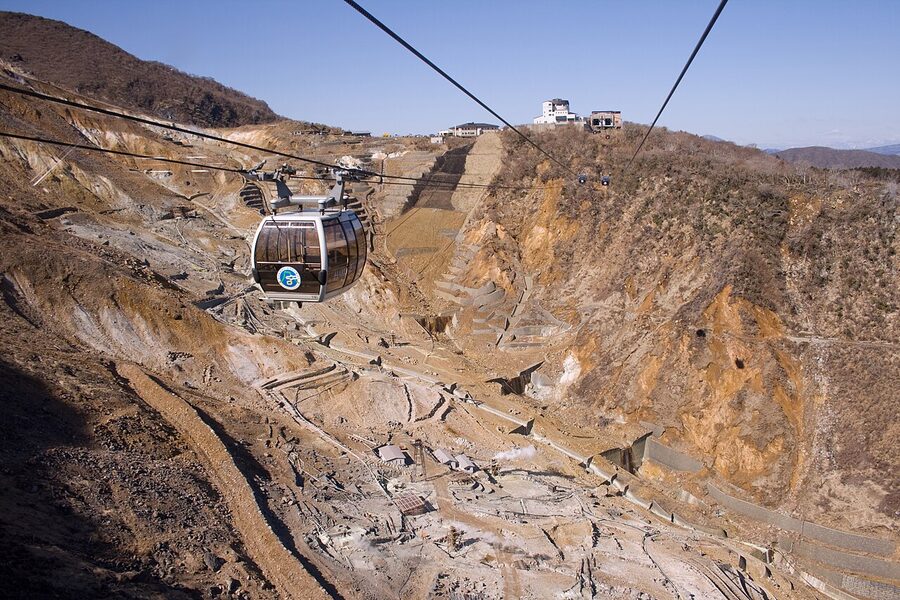Hakone Ropeway gondola climbing over Owakudani volcanic vents
