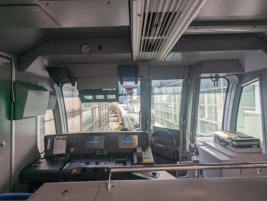 Inside a Tokyo Monorail carriage travelling to Haneda