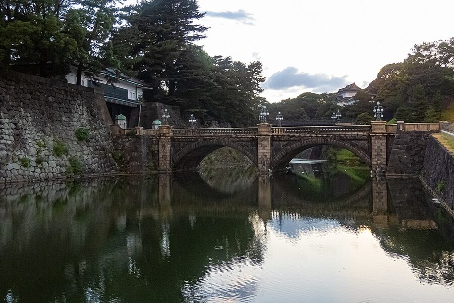 Nijubashi bridge and stone arch at the Tokyo Imperial Palace at dusk