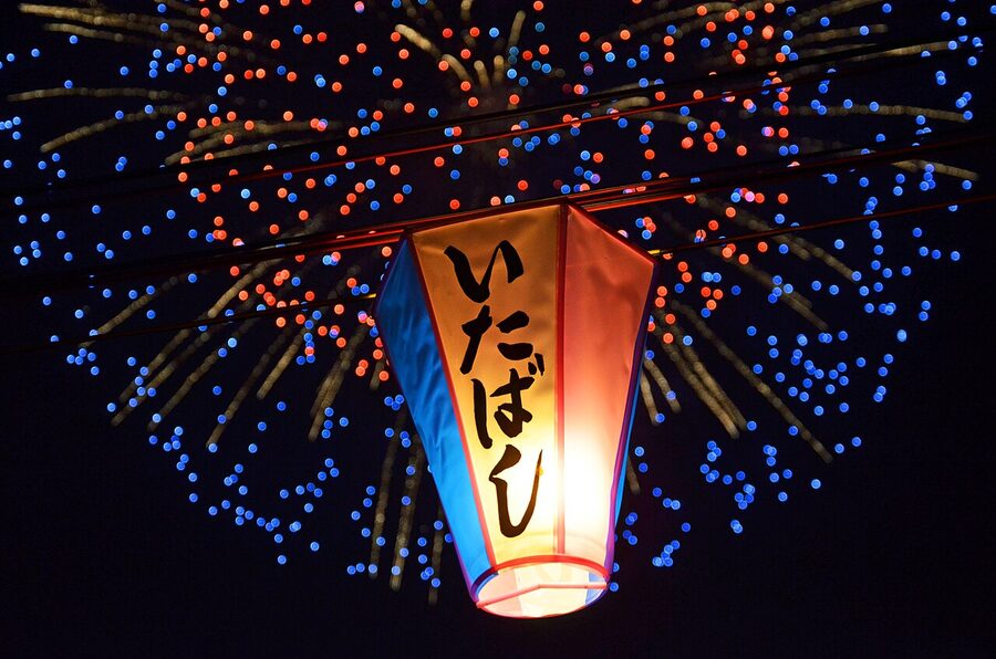 Itabashi Fireworks Festival with chochin lanterns along the riverbank in 2015