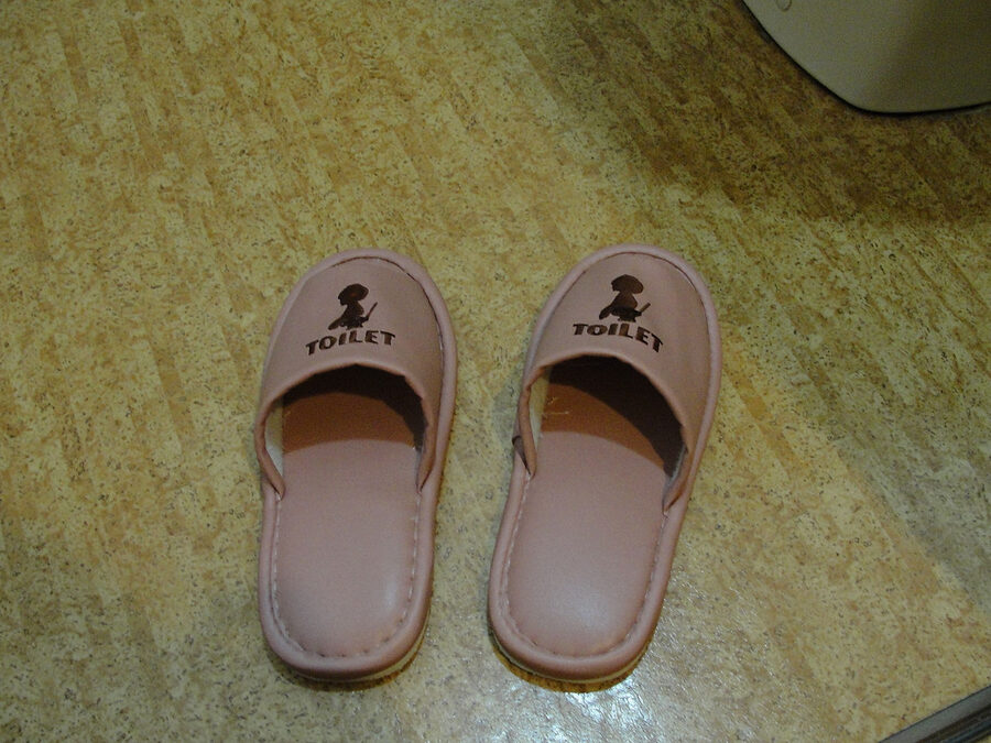 A pair of Japanese toilet slippers on tiles
