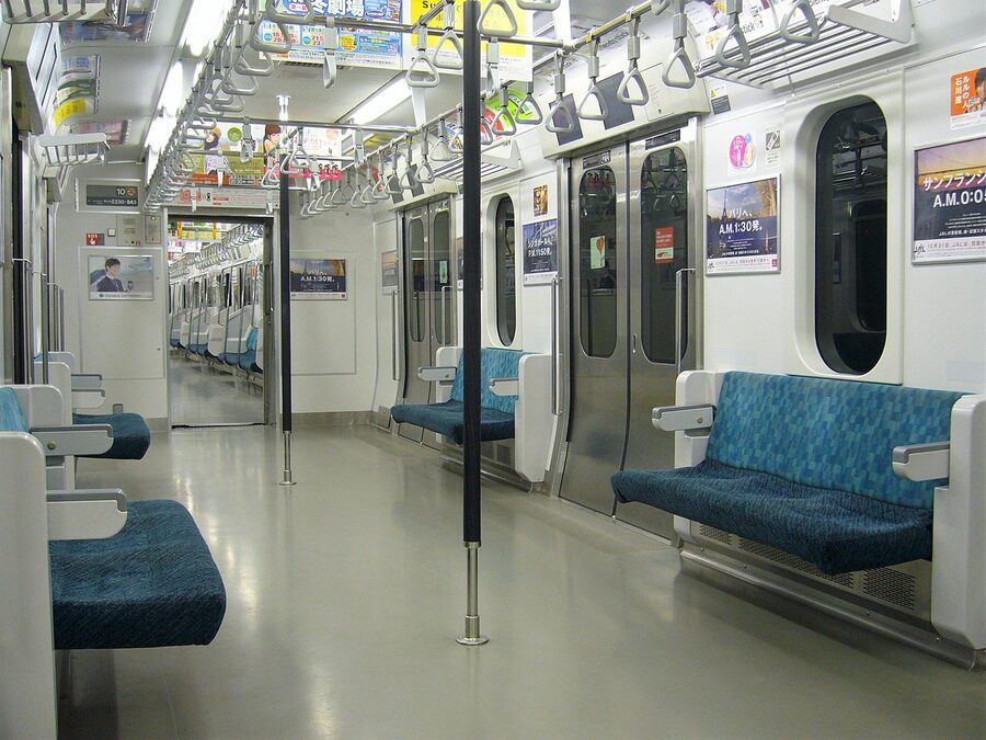 Interior of a Yamanote Line train in Tokyo with empty seats