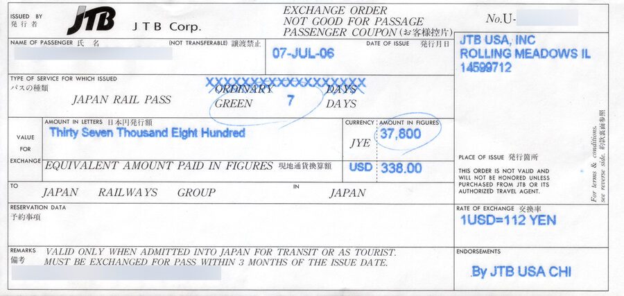 JR Rail Pass exchange order voucher