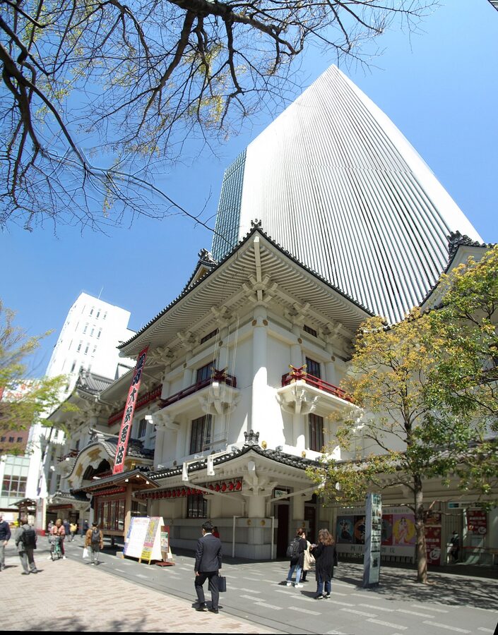 Kabukiza theatre in Ginza with modern tower behind