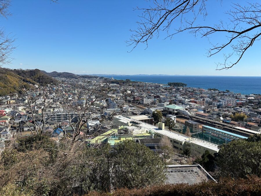 Aerial view of Kamakura coastal cityscape with the sea