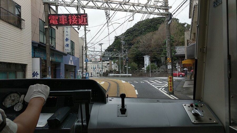 Front view from an Enoshima Electric Railway Enoden train