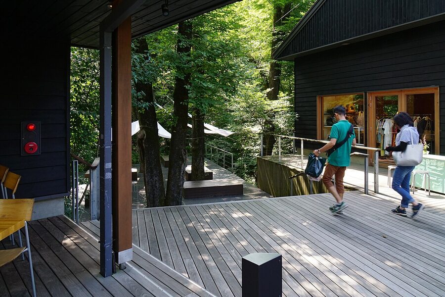 Harunire Terrace wooden deck walkway between elm trees Karuizawa