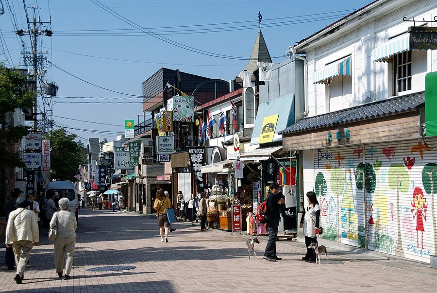 Wooden shopfronts on Kyu-Karuizawa Ginza shopping street