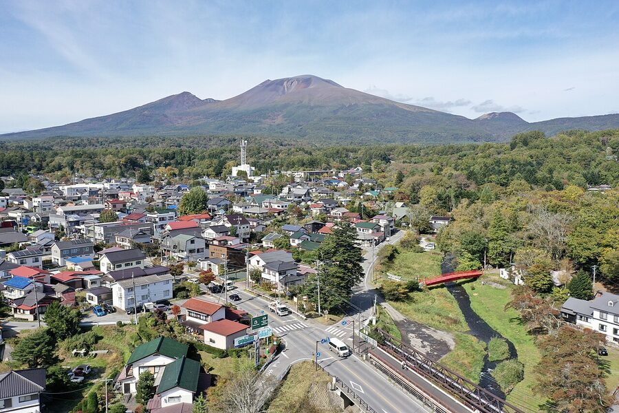 Mount Asama active volcano rising above Karuizawa town