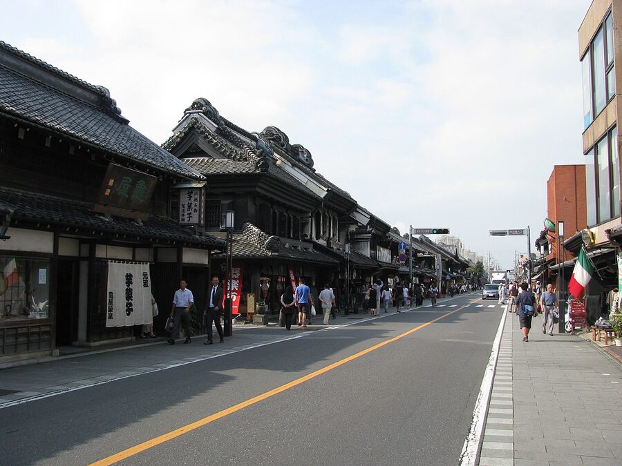 Detail of Kawagoe Ichibangai roof tiles and traditional onigawara ridge tiles