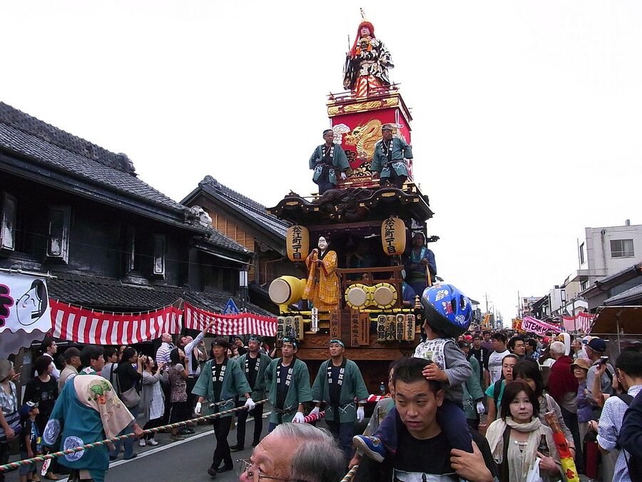 Multi-storey wooden Kawagoe Matsuri float with giant doll figure
