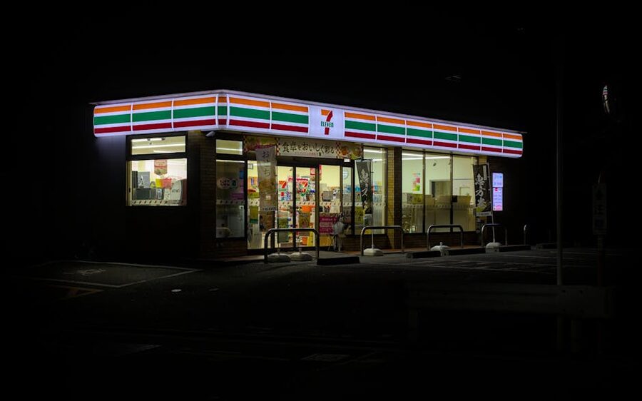 Illuminated 7-Eleven at night in Japan