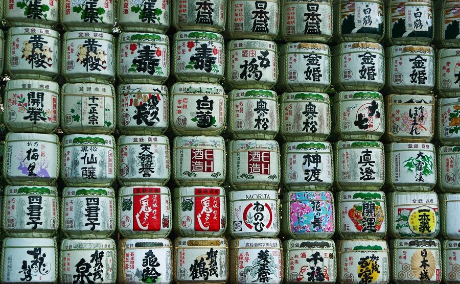 Path with sake barrel display at Meiji Jingu, Tokyo
