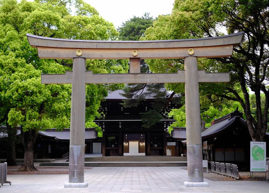 Main wooden torii gate at the south entrance of Meiji Shrine