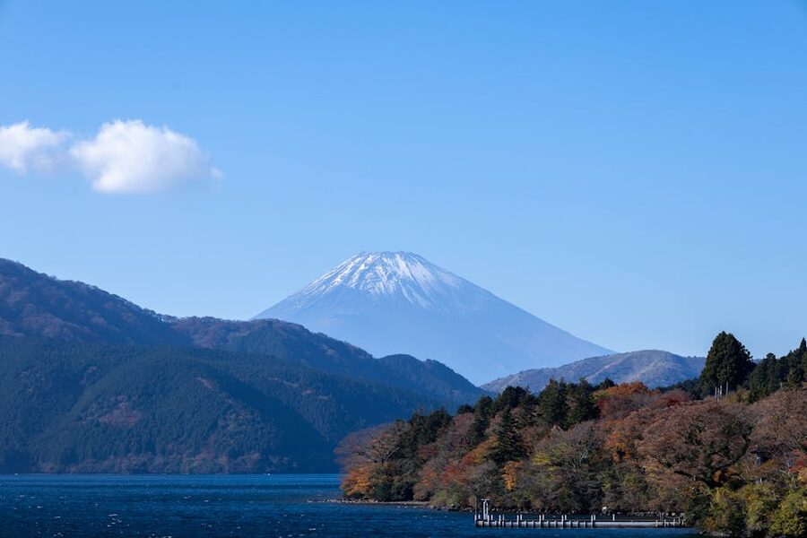 Mount Fuji autumn foliage with vibrant colors over a lake