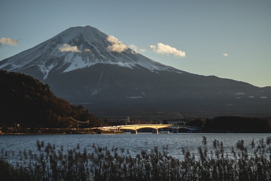 Mount Fuji at sunset behind Lake Kawaguchi