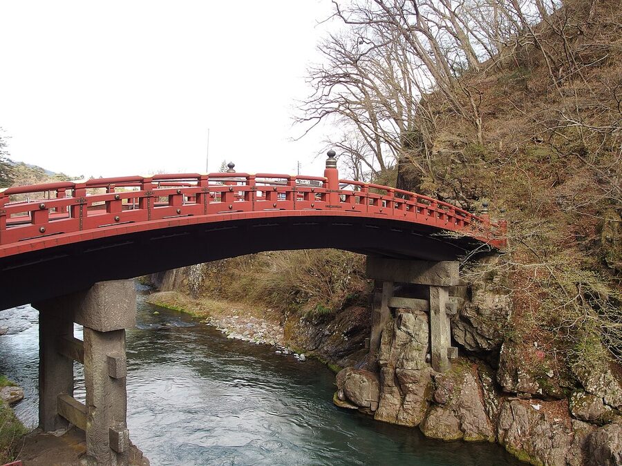 Shinkyo Bridge at Nikko with autumn trees
