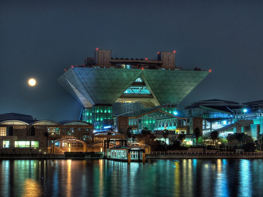Tokyo Big Sight convention centre at night on Odaiba