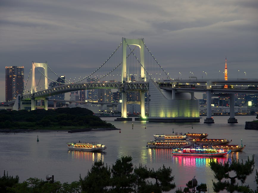 Rainbow Bridge Odaiba illuminated at night with boats on Tokyo Bay
