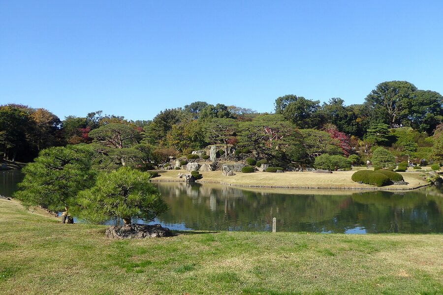 Nakanoshima pine island in the central pond at Rikugien Garden, Tokyo