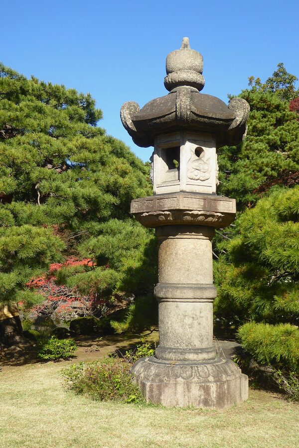 Traditional Japanese stone lantern (ishidoro) at Rikugien Garden, Tokyo