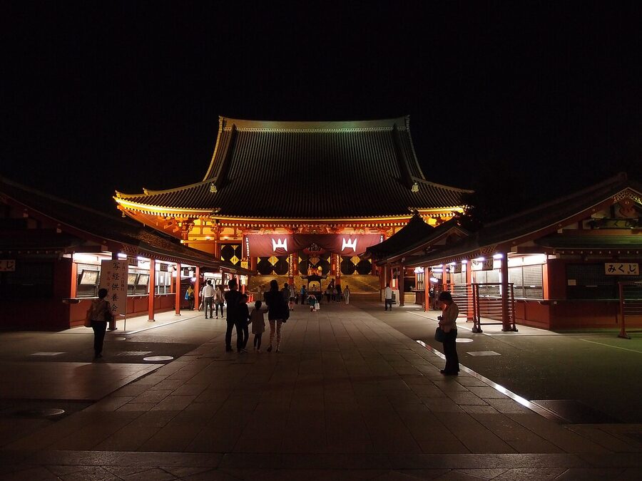 Senso-ji at night with illuminated buildings