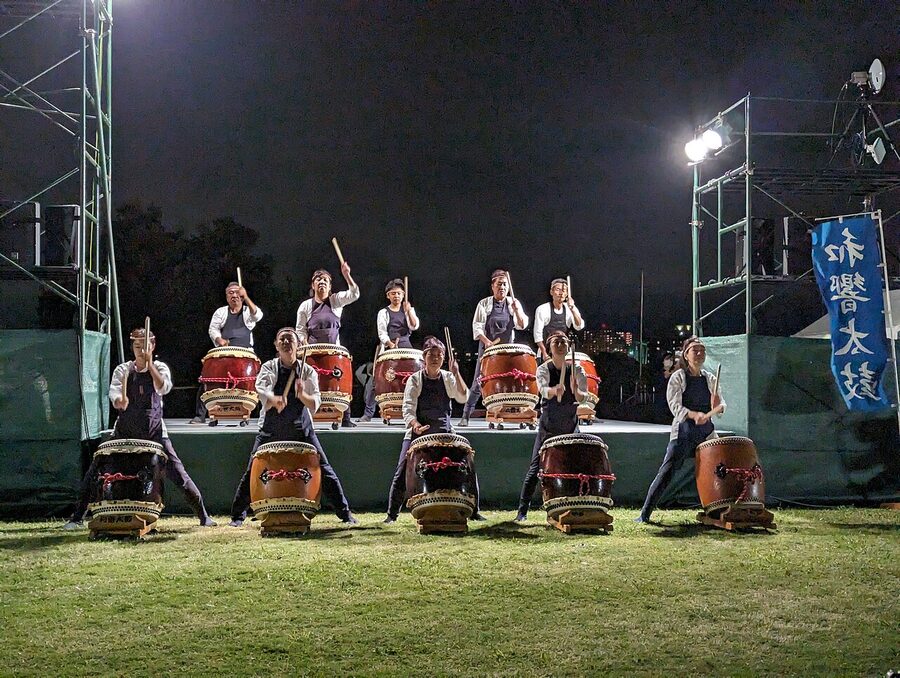 Taiko drumming stage set up in front of the fireworks viewing area at Futako-Tamagawa