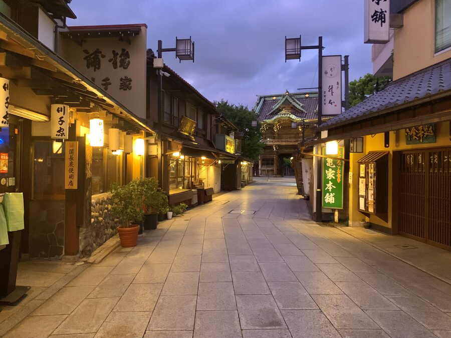 Shibamata Taishakuten approach at night with lanterns