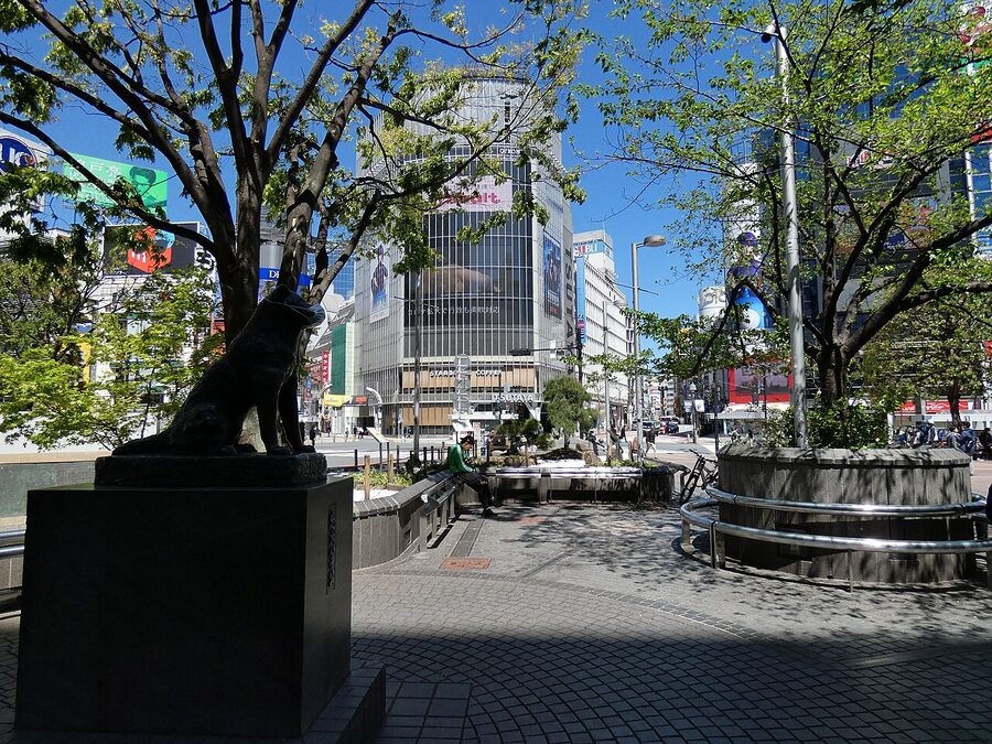 Hachiko Square outside Shibuya Station with pedestrians and signage, Tokyo