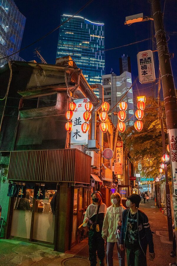 Nonbei Yokocho narrow alley with red lanterns and tiny bars beside Shibuya Station, Tokyo