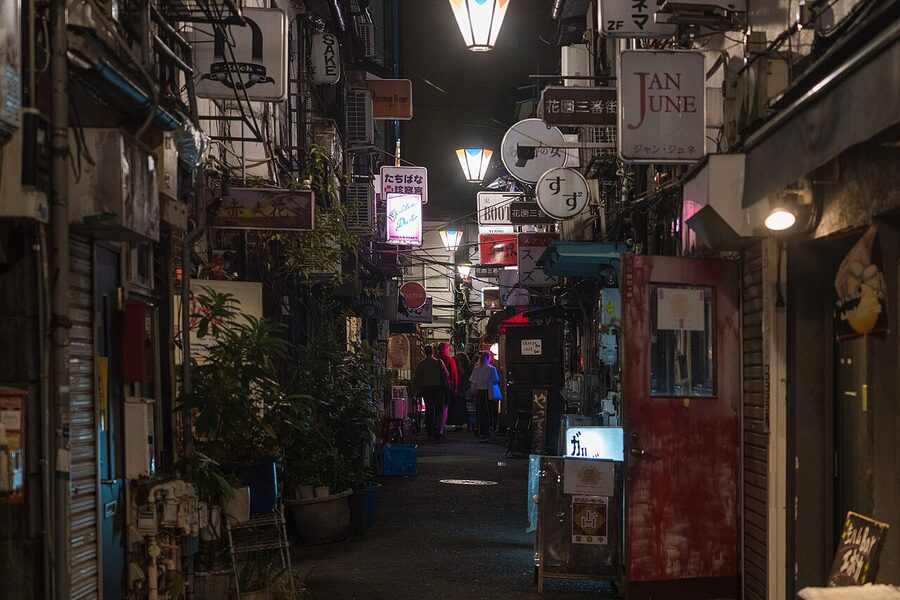 Shinjuku Golden Gai narrow alleys with bars at night