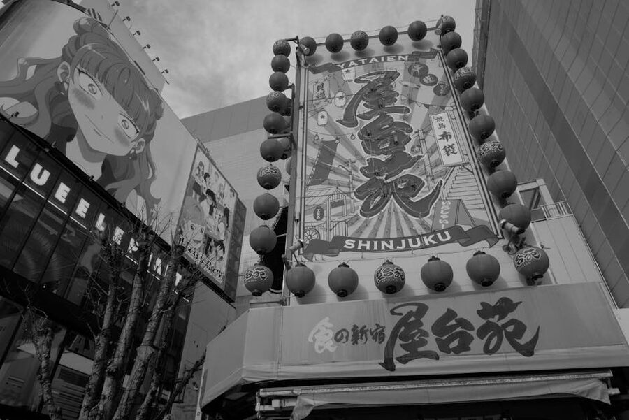 Shinjuku daytime shopping street with signage