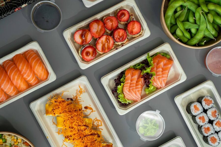 Top view nigiri and sushi roll platter