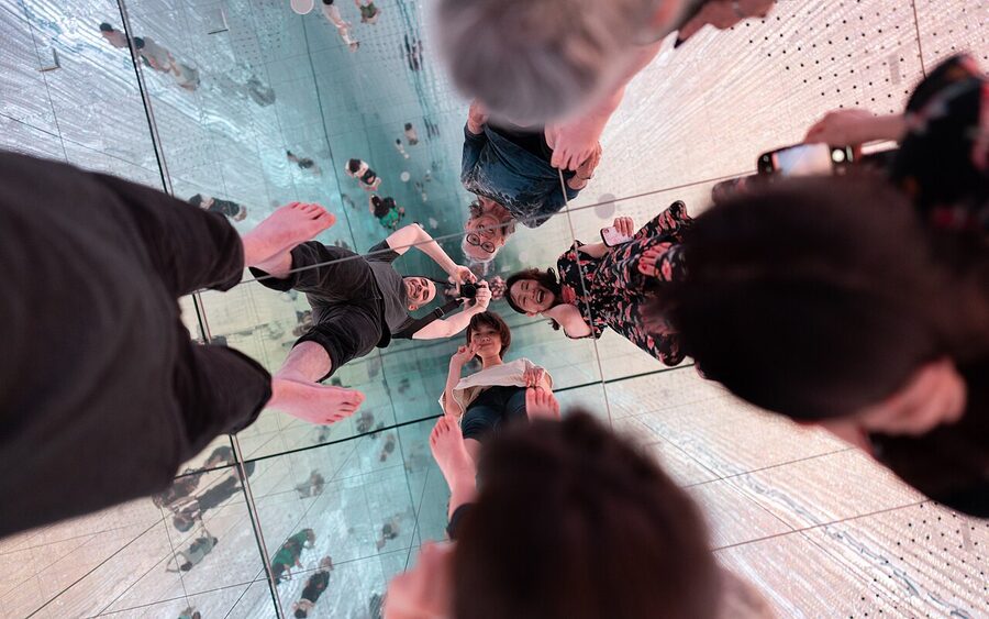 Mirrored floor reflection at teamLab Planets Tokyo