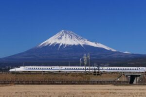 Tokaido Shinkansen N700A passing Mt Fuji — the line that links Tokyo with Atami and Odawara